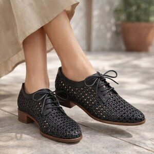 & Other Stories Black Woven Leather Loafers EU 36 Lace-Up Oxford Flats